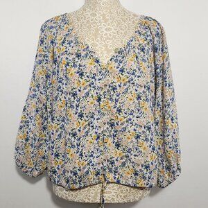 Mango Women's Size 6 Floral Print Drawstring Button Down Balloon Sleeve Blouse